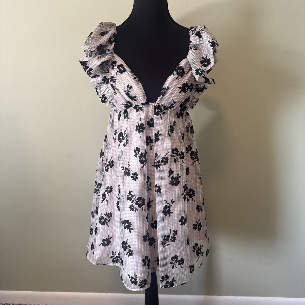 STORIA Babydoll Mini Dress Floral Ruffle Deep V Plunge Cottagecore NWT Medium